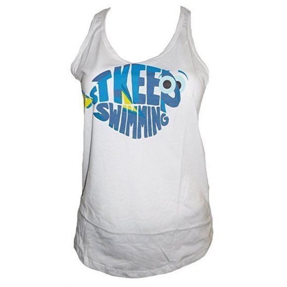 Women's ‎ Disney Pixar Finding Dory Just Keep Swimming Sleeveless White Tank Top - Picture 1 of 4